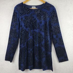 Whimsical Velvet Embellish Tunic Pullover Top Sz 10 Blue Long Sleeve Boho Chic